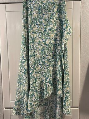 Floral Green and Blue Leaf Print Midi Skirt